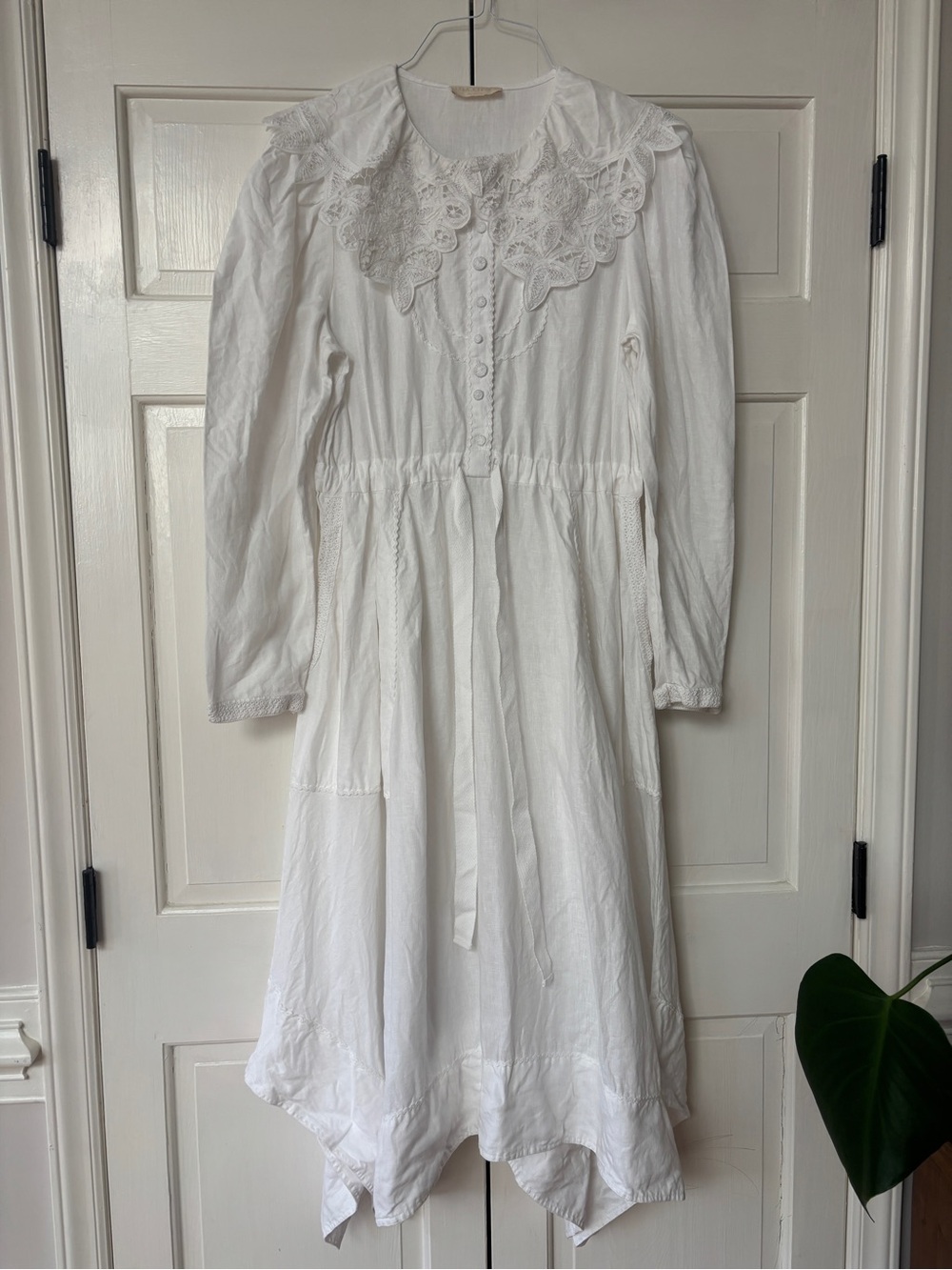 ULLA JOHNSON Fiona Midi Dress Bone White 100% Linen Size 8 Crochet Collar Tie - Picture 6 of 16